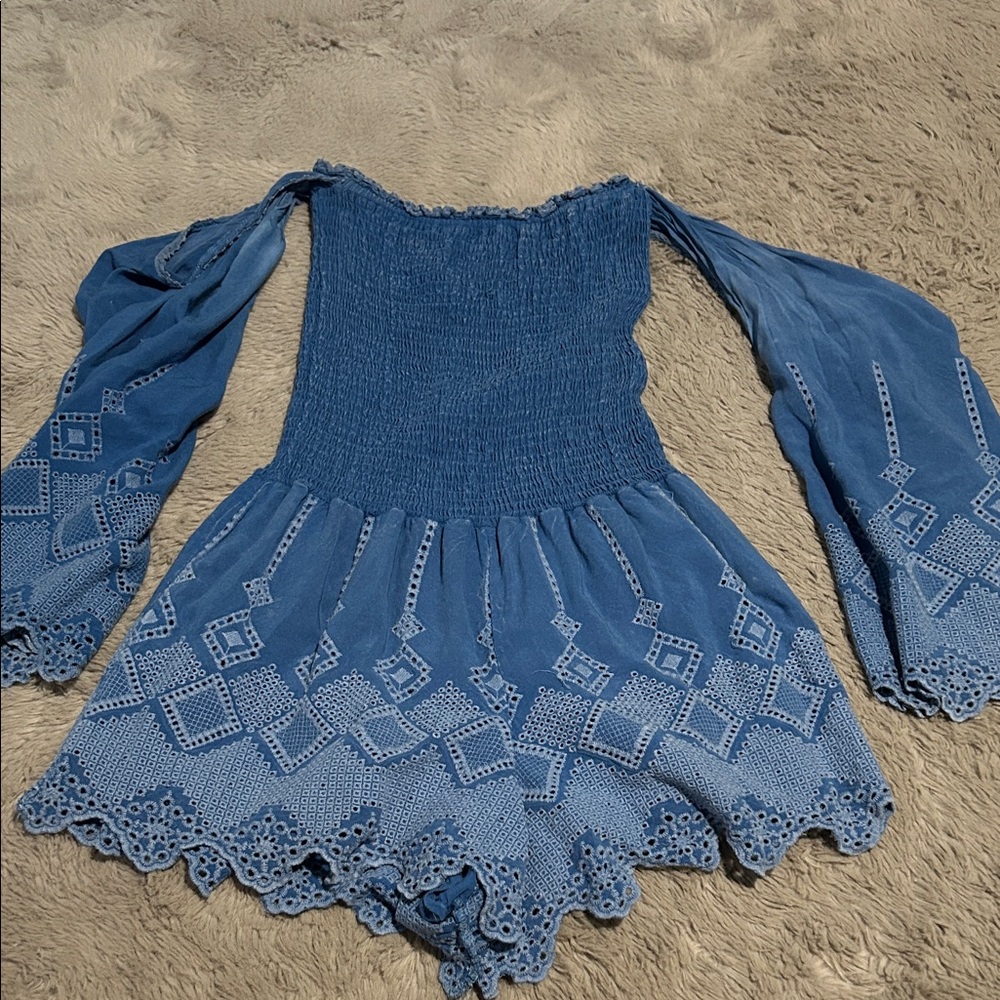 Vintage Havana Blue Off-Shoulder Romper